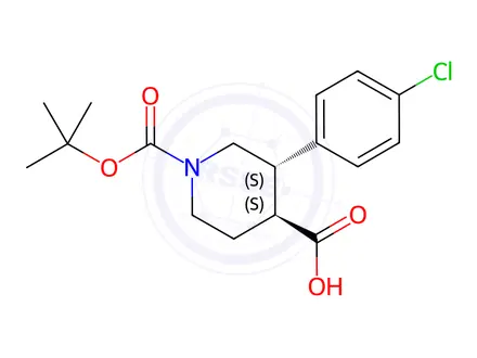 Chemical structure of (3S,4S)-1-(tert-butoxycarbonyl)-3-(4-chlorophenyl)piperidine-4-carboxylic acid (trans)