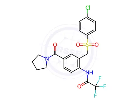 Chemical structure of N-(2-(((4-chlorophenyl)sulfonyl)methyl)-4-(pyrrolidine-1-carbonyl)phenyl)-2,2,2-trifluoroacetamide