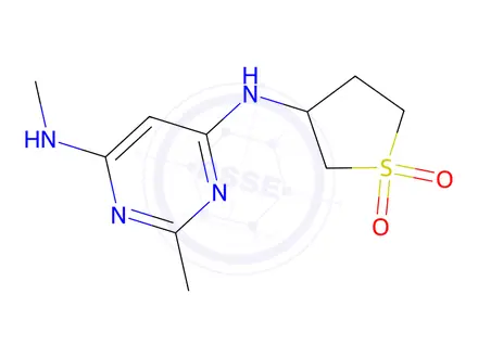 Chemical structure of 3-((2-methyl-6-(methylamino)pyrimidin-4-yl)amino)tetrahydrothiophene 1,1-dioxide