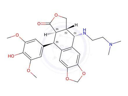 Chemical structure of 4'-O-demethyl-4-((2''-(dimethylamino)ethyl)amino)-4-desoxypodophyllotoxin