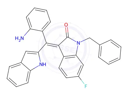 Chemical structure of (Z)-3-((2-Aminophenyl)(1H-indol-2-yl)methylene)-1-benzyl-6-fluoroindolin-2-one
