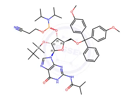 Chemical structure of Phosphoramidites Impurity 82 (DMT-2’-O-TBDMS-G(iBu)-CE Phosphoramidites)