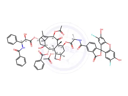 Chemical structure of (2aR,4S,4aS,6R,9S,11S,12S,12aR,12bS)-6,12b-Bis(acetyloxy)-9-[(2R,3S)-3-(benzoylamino)-2-hydroxy-1-oxo-3-phenylpropoxy]-12-(benzoyloxy)-2a,3,4,4a,5,6,9,10,11,12,12a,12b-dodecahydro-11-hydroxy-4a,8,13,13-tetramethyl-5-oxo-7,11-methano-1H-cyclodeca[3,4]benz[1,2-b]oxet-4-yl ester N-[(2',7'-difluoro-3',6'-dihydroxy-3-oxospiro[isobenzofuran-1(3H),9'-[9H]xanthen]-5-yl)carbonyl]-L-alanine