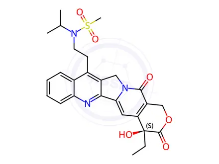 Chemical structure of (S)-N-(2-(4-Ethyl-4-hydroxy-3,14-dioxo-3,4,12,14-tetrahydro-1H-pyrano[3',4':6,7]indolizino[1,2-b]quinolin-11-yl)ethyl)-N-isopropylmethanesulfonamide