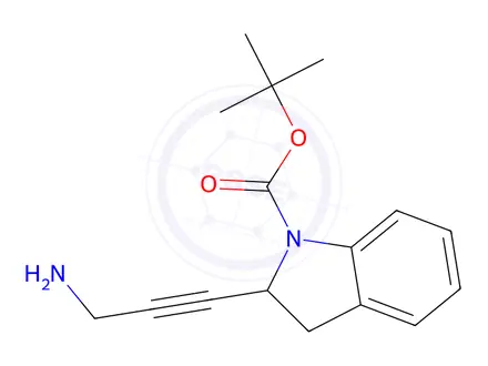 Chemical structure of 1H-Indole-1-carboxylic acid, 2-(3-amino-1-propyn-1-yl)-2,3-dihydro-, 1,1-dimethylethyl ester