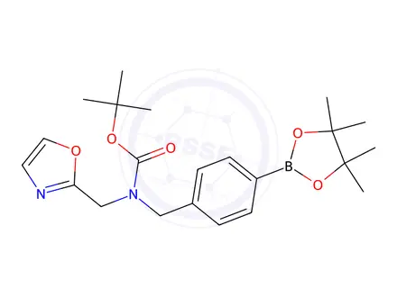 Chemical structure of tert-Butyl (oxazol-2-ylmethyl)(4-(4,4,5,5-tetramethyl-1,3,2-dioxaborolan-2-yl)benzyl)carbamate