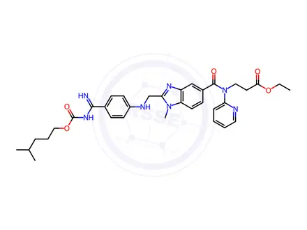 Chemical structure of β-Alanine, N-[[2-[[[4-[(E)-amino[[[(4-methylpentyl)oxy]carbonyl]imino]methyl]phenyl]amino]methyl]-1-methyl-1H-benzimidazol-5-yl]carbonyl]-N-2-pyridinyl-, ethyl ester