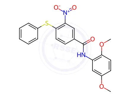 Chemical structure of N-(2,5-dimethoxyphenyl)-3-nitro-4-(phenylthio)benzamide