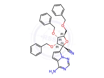 Chemical structure of (2S,3R,4R,5R)-2-(4-aminopyrrolo[2,1-f][1,2,4]triazin-7-yl)-3,4-bis(benzyloxy)-5-((benzyloxy)methyl)t