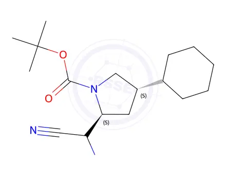 Chemical structure of tert-butyl (2S,4S)-2-[amino(cyano)methyl]-4-cyclohexyl-pyrrolidine-1-carboxylate