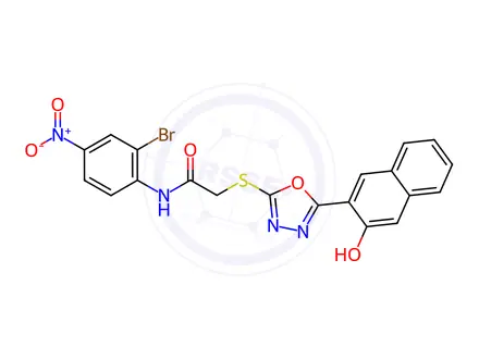 Chemical structure of N-(2-Bromo-4-nitrophenyl)-2-((5-(3-hydroxynaphthalen-2-yl)-1,3,4-oxadiazol-2-yl)thio)acetamide