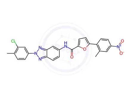 Chemical structure of N-(2-(3-Chloro-4-methylphenyl)-2H-benzo[d][1,2,3]triazol-5-yl)-5-(2-methyl-4-nitrophenyl)furan-2-carboxamide