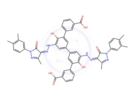 Chemical structure of 5',5''-bis((Z)-2-(1-(3,4-Dimethylphenyl)-3-methyl-5-oxo-1H-pyrazol-4(5H)-ylidene)hydrazinyl)-4'',6'-dihydroxy-[1,1':3',1'':3'',1'''-quaterphenyl]-3,3'''-dicarboxylic Acid