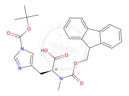 Chemical structure of 1-[(1,1-Dimethylethoxy)carbonyl]-N-[(9H-fluoren-9-ylmethoxy)carbonyl]-N-methyl-L-histidine