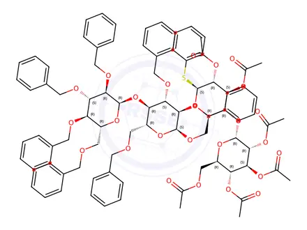 Chemical structure of phenyl O-(2,3,4,6-tetra-O-benzyl-glucopyranosyl)-1-4-O-(2,3,6-tri-O-benzylglucopyranosyl)-1-6-O-(2,3,4,6-tetra-O-acetylglucopyranosyl)-1-4-2,3-di-O-acetyl-1-thioglucopyranoside