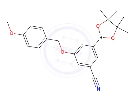 Chemical structure of 3-(4-Methoxy-benzyloxy)-5-(4,4,5,5-tetramethyl-[1,3,2]dioxaborolan-2-yl)-benzonitrile