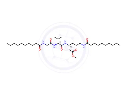 Chemical structure of N-[N-(1-Oxodecyl)glycyl]-N-[(S)-1-(2-methoxy-2-oxoethyl)-4-[(1-oxodecyl)amino]butyl]-L-valinamide