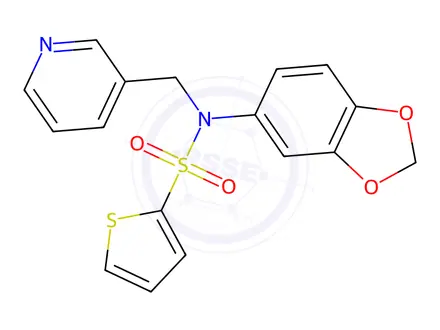Chemical structure of N-(benzo[d][1,3]dioxol-5-yl)-N-(pyridin-3-ylmethyl)thiophene-2-sulfonamide