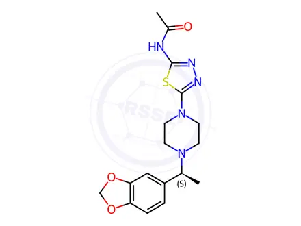 Chemical structure of Acetamide, N-[5-[4-[(1S)-1-(1,3-benzodioxol-5-yl)ethyl]-1-piperazinyl]-1,3,4-thiadiazol-2-yl]-