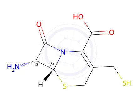 Chemical structure of (6R,7R)-7-Amino-3-(mercaptomethyl)-8-oxo-5-thia-1-azabicyclo[4.2.0]oct-2-ene-2-carboxylic Acid