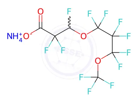 Chemical structure of Ammonium 2,2,3-trifluoro-3-(1,1,2,2,3,3-hexafluoro-3-(trifluoromethoxy)propoxy)propanoate
