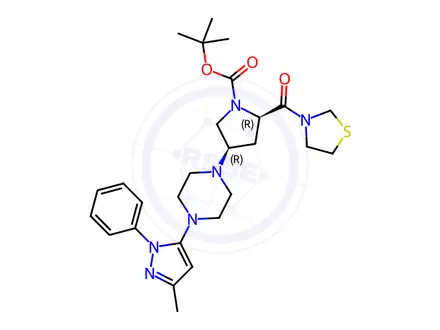 Chemical structure of tert-Butyl (2R,4R)-4-(4-(3-methyl-1-phenyl-1H-pyrazol-5-yl)piperazin-1-yl)-2-(thiazolidine-3-carbonyl)pyrrolidine-1-carboxylate