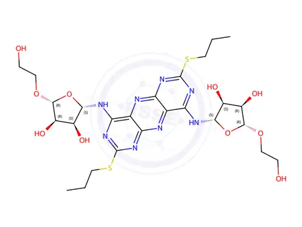 Chemical structure of (2R,2'R,3R,3'R,4S,4'S,5S,5'S)-5,5'-((2,7-bis(propylthio)pyrimido[4,5-g]pteridine-4,9-diyl)bis(azanediyl))bis(2-(2-hydroxyethoxy)tetrahydrofuran-3,4-diol)