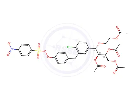 Chemical structure of (2S,3S,4S)-4-(2-acetoxyethoxy)-4-(4-chloro-3-(4-(((4-nitrophenyl)sulfonyl)peroxy)benzyl)phenyl)butane-1,2,3-triyl triacetate