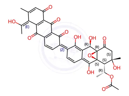 Chemical structure of (1S)-1,2,3,4a,9a,10-Hexahydro-2β,5,10α-trihydroxy-6-[(9,10-dihydro-1,8-dihydroxy-5-acetyl-6-methyl-9,10-dioxoanthracen)-2-yl]-2-methyl-1β-[(R)-1-acetoxyethyl]-4aα,9aα-epoxyanthracene-4,9-dione