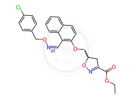 Chemical structure of Ethyl 5-[({1-[(1Z)-{[(4-chlorophenyl)methoxy]imino}methyl]naphthalen-2-yl}oxy)methyl]-4,5-dihydro-1,2-oxazole-3-carboxylate