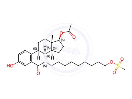 Chemical structure of (7S,8R,9S,13S,14S,17S)-3-Hydroxy-13-methyl-7-(9-((methylsulfonyl)oxy)nonyl)-6-oxo-7,8,9,11,12,13,14,15,16,17-decahydro-6H-cyclopenta[a]phenanthren-17-yl acetate