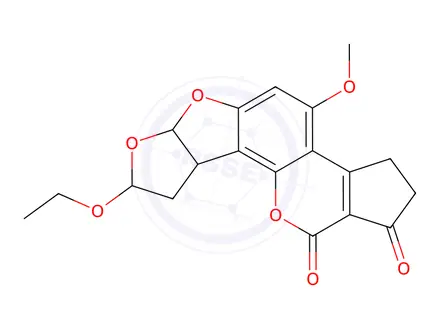 Chemical structure of 8-Ethoxy-2,3,6a,8,9,9a-hexahydro-4-methoxycyclopenta[c]furo[3',2':4,5]furo[2,3-h][1]benzopyran-1,11-dione