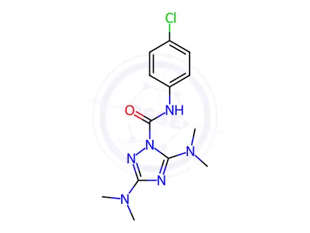 Chemical structure of N-(4-chlorophenyl)-3,5-bis(dimethylamino)-1H-1,2,4-triazole-1-carboxamide