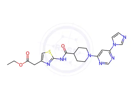 Chemical structure of Ethyl 2-(2-(1-(6-(1H-imidazol-1-yl)pyrimidin-4-yl)piperidine-4-carboxamido)thiazol-4-yl)acetate