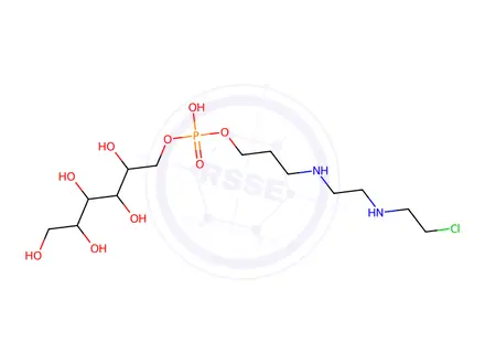 Chemical structure of 3-((2-((2-chloroethyl)amino)ethyl)amino)propyl (2,3,4,5,6-pentahydroxyhexyl) hydrogen phosphate