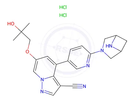 Chemical structure of 4-(6-(3,6-Diazabicyclo[3.1.1]heptan-3-yl)pyridin-3-yl)-6-(2-hydroxy-2-methylpropoxy)pyrazolo[1,5-a]pyridine-3-carbonitrile dihydrochloride