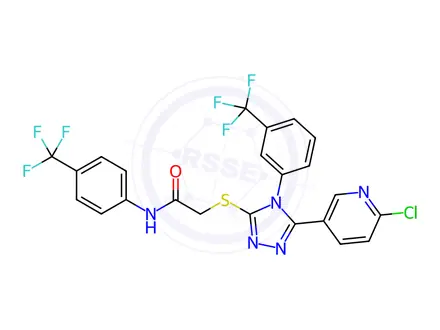 Chemical structure of N1-[4-(trifluoromethyl)phenyl]-2-({5-(6-chloro-3-pyridyl)-4-[3-(trifluoromethyl)phenyl]-4H-1,2,4-triazol-3-yl}thio)acetamide