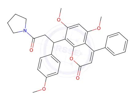 Chemical structure of 5,7-dimethoxy-8-(1-(4-methoxyphenyl)-3-oxo-3-(pyrrolidin-1-yl)propyl)-4-phenyl-2H-chromen-2-one