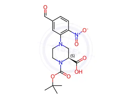 Chemical structure of (S)-1-(tert-Butoxycarbonyl)-4-(5-formyl-2-nitrophenyl)piperazine-2-carboxylic acid