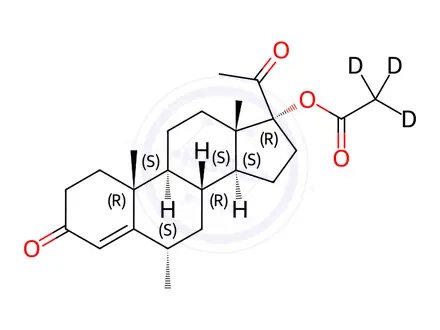 Chemical structure of 17a-Hydroxy-6a-trideuteromethylpregn-4-ene-3,20-dione acetate