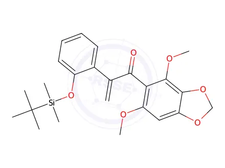 Chemical structure of 2-(2-((tert-Butyldimethylsilyl)oxy)phenyl)-1-(4,6-dimethoxybenzo[d][1,3]dioxol-5-yl)prop-2-en-1-one