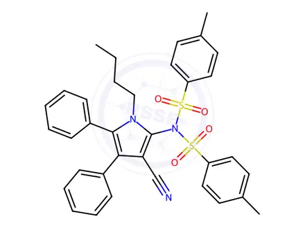 Chemical structure of N-(1-Butyl-3-cyano-4,5-diphenyl-1H-pyrrol-2-yl)-4-methyl-N-(4-methylbenzenesulfonyl)benzene-1-sulfonamide