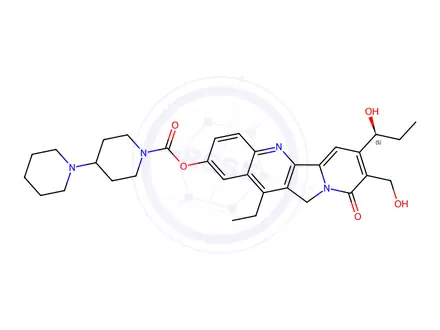 Chemical structure of (S)-12-Ethyl-8-(hydroxymethyl)-7-(1-hydroxypropyl)-9-oxo-9,11-dihydroindolizino[1,2-b]quinolin-2-yl [1,4'-bipiperidine]-1'-carboxylate