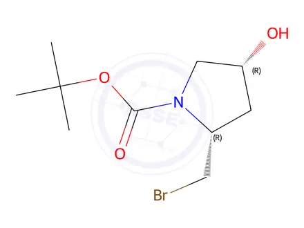 Chemical structure of Tert-butyl (2R,4R)-2-(bromomethyl)-4-hydroxypyrrolidine-1-carboxylate