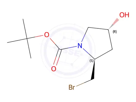 Chemical structure of Tert-butyl (2S,4R)-2-(bromomethyl)-4-hydroxypyrrolidine-1-carboxylate