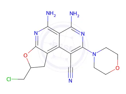 Chemical structure of 5,6-Diamino-2-(chloromethyl)-8-morpholino-1,2-dihydrofuro[2,3-c][2,7]naphthyridine-9-carbonitrile