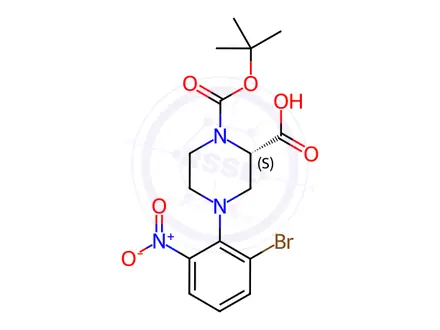 Chemical structure of (S)-4-(2-Bromo-6-nitrophenyl)-1-(tert-butoxy-carbonyl)piperazine-2-carboxylic acid
