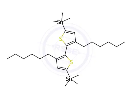 Chemical structure of Stannane, (3,3'-dihexyl[2,2'-bithiophene]-5,5'-diyl)bis[trimethyl-