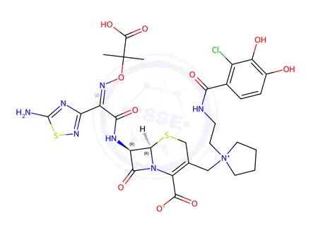 Chemical structure of 1-[[(6R,7R)-7-[[(2Z)-2-(5-Amino-1,2,4-thiadiazol-3-yl)-2-[(1-carboxy-1-methylethoxy)imino]acetyl]amino]-2-carboxy-8-oxo-5-thia-1-azabicyclo[4.2.0]oct-2-en-3-yl]methyl]-1-[2-[(2-chloro-3,4-dihydroxybenzoyl)amino]ethyl]-pyrrolidinium Inner Salt