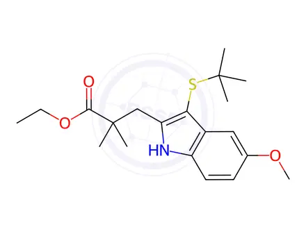 Chemical structure of Ethyl 3-(3-(tert-butylthio)-5-methoxy-1H-indol-2-yl)-2,2-dimethylpropanoate